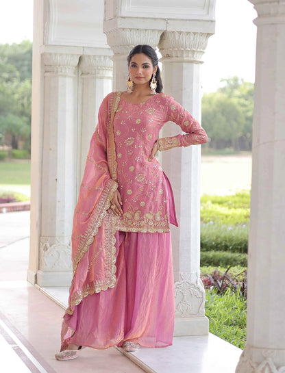 Tulip Pink Silk Sharara Suit With Embroidery Work
