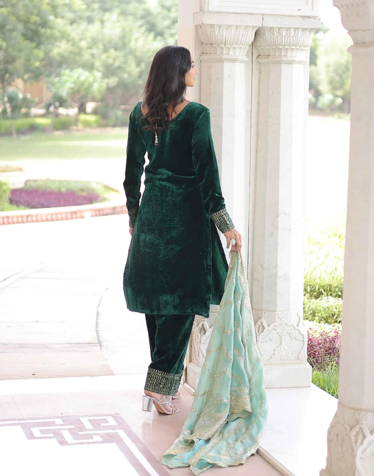 Dark Green Velvet Embroidery Work Salwar Suit