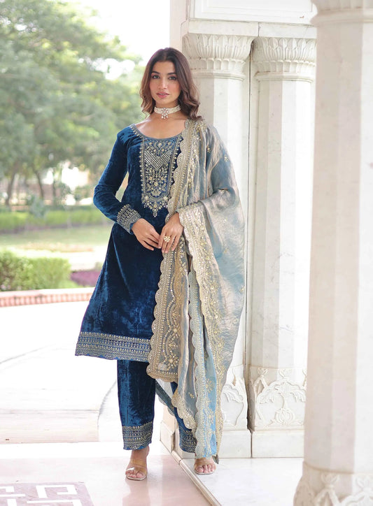 Teal Blue Velvet Embroidery Work Salwar Suit
