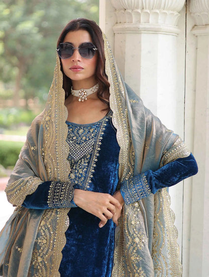 Teal Blue Velvet Embroidery Work Salwar Suit