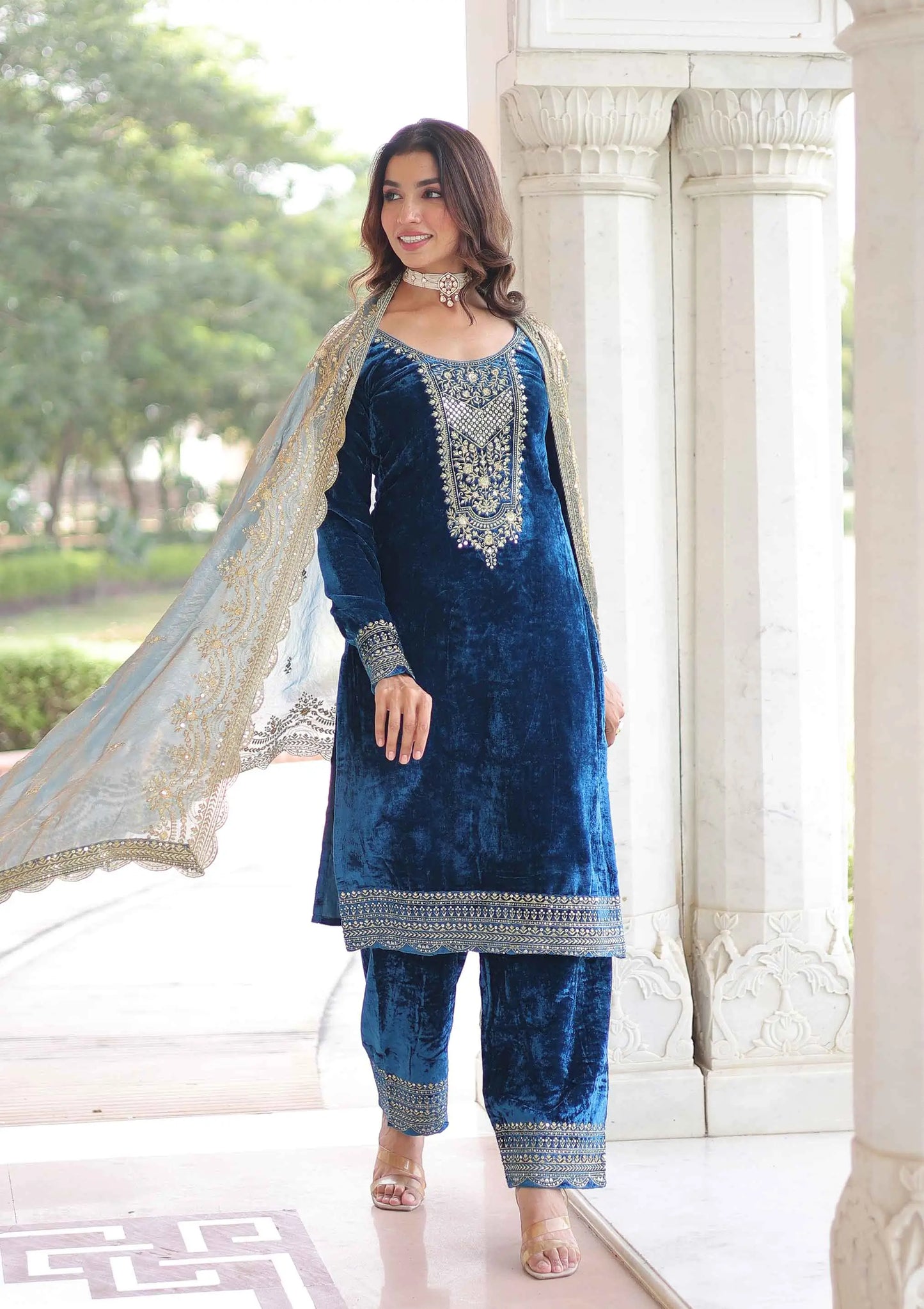 Teal Blue Velvet Embroidery Work Salwar Suit