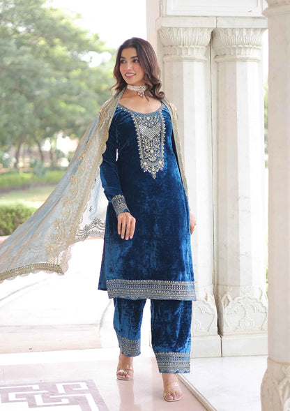 Teal Blue Velvet Embroidery Work Salwar Suit