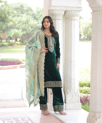 Dark Green Velvet Embroidery Work Salwar Suit