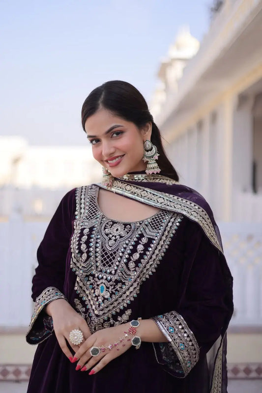 Wine Berry Velvet Embroidery Salwar Suit