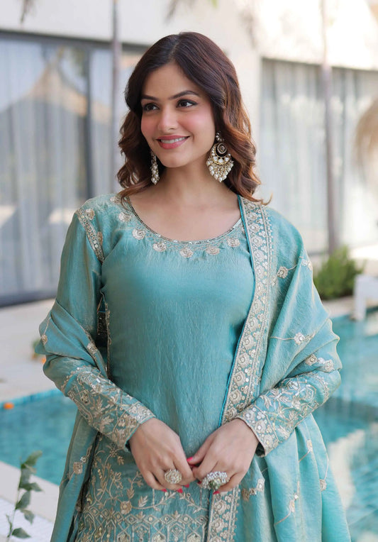 Sky Fendi Crush Embroidery Sharara Suit