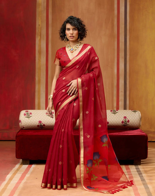 Brick Red Cotton Handloom Weaving Saree