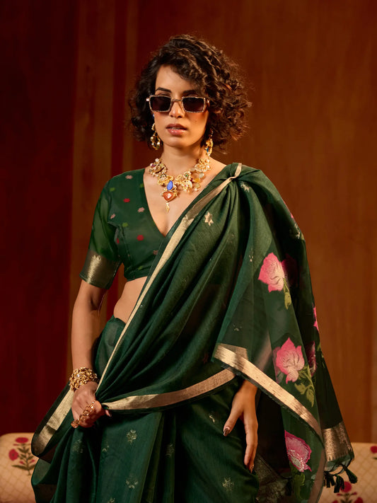 Deep Green Cotton Handloom Weaving Saree