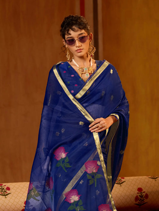 Navy Blue Cotton Handloom Weaving Saree