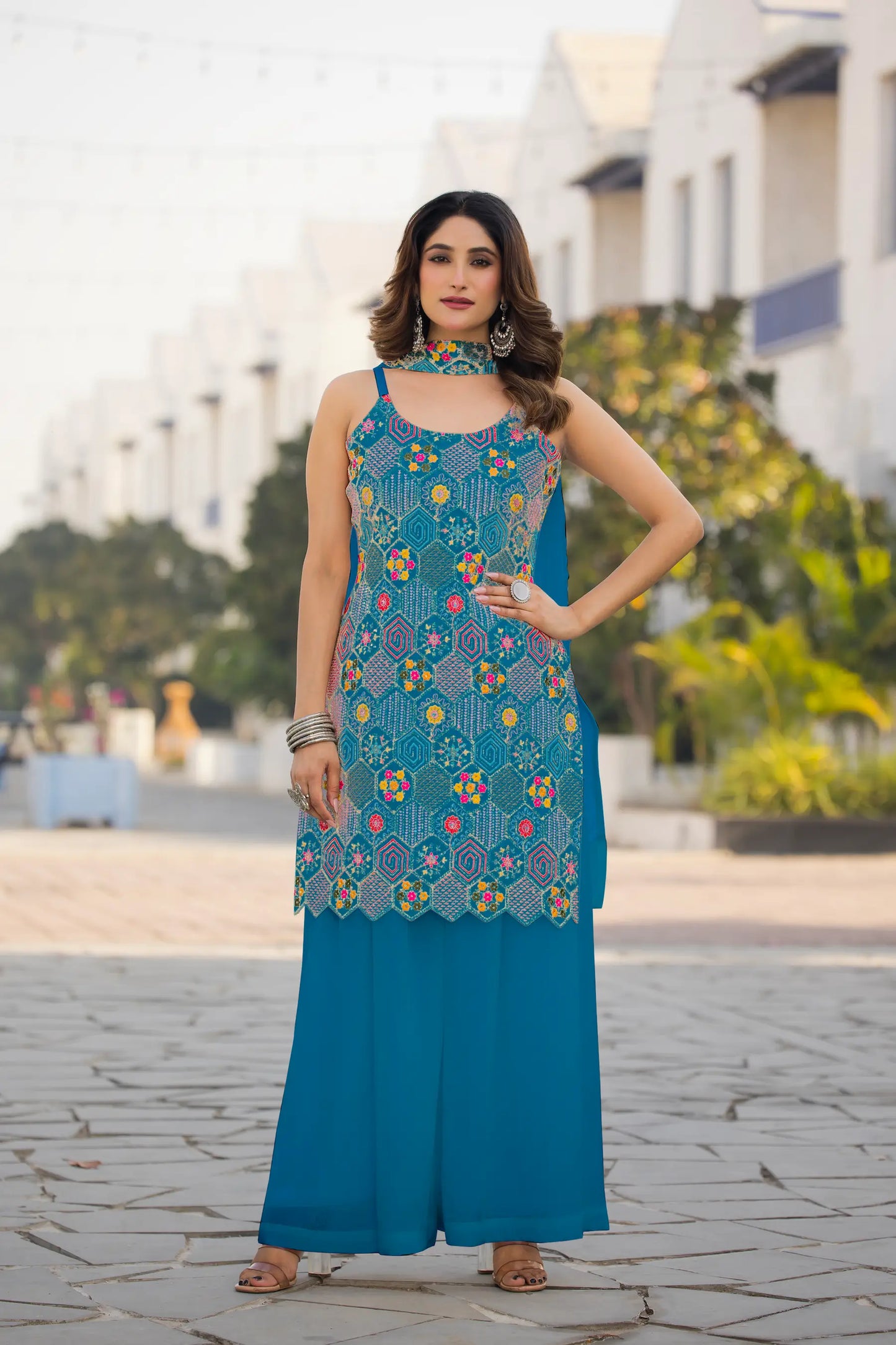 Blue Chinon Sequence Embroidery Work Salwar Suit