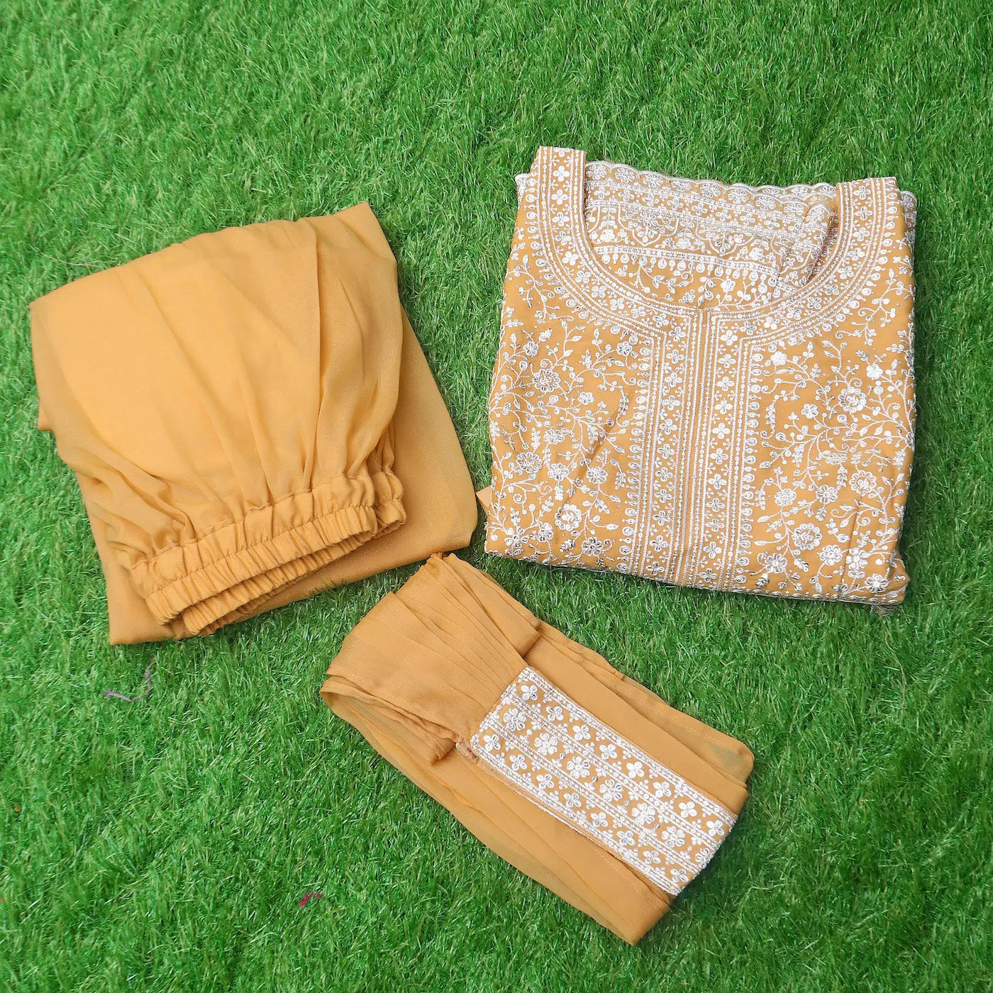 Yellow Star Georgette Embroidery Palazzo Suit