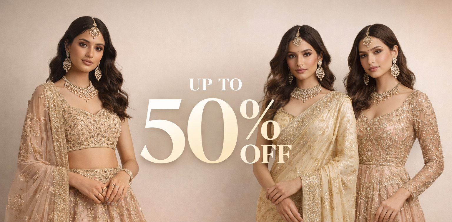Three women in traditional outfits with a promotional message for 50% off on a beige background.