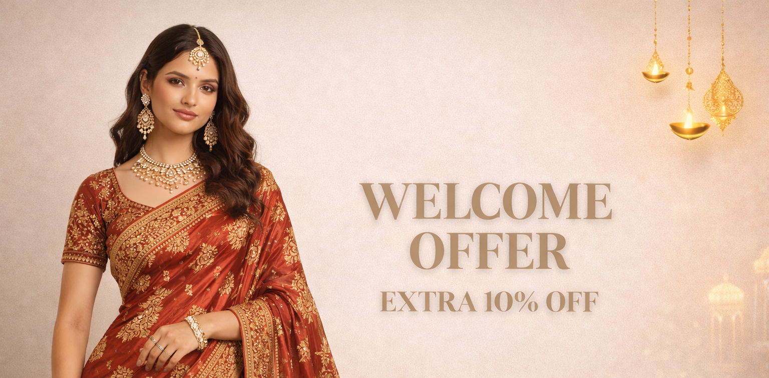 Woman in traditional red saree with jewelry, promotional text for welcome offer on a beige background