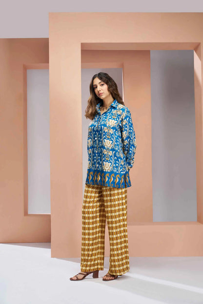 Royal Blue Pure Muslin Silk Printed Co-ord Set