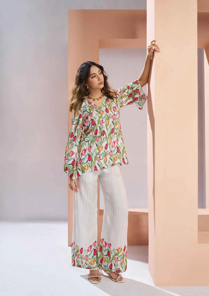 White Pure Muslin Silk Floral Print Co-ord Set