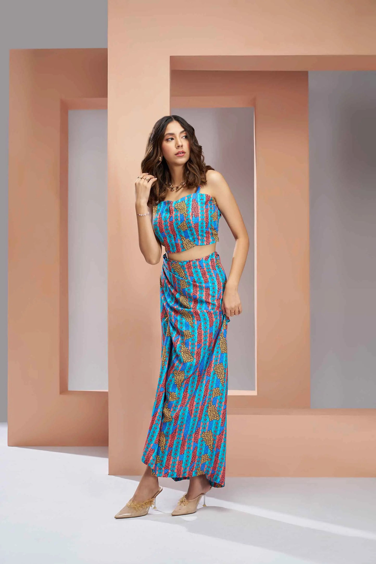 Aqua Blue Pure Muslin Silk Printed Stylish Co-ord Set