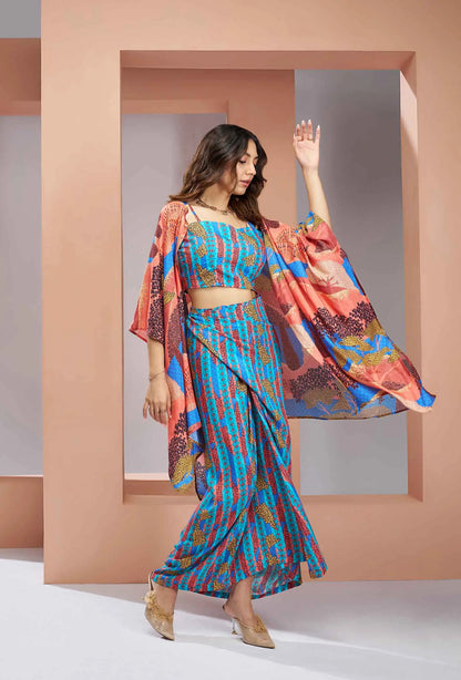 Aqua Blue Pure Muslin Silk Printed Stylish Co-ord Set