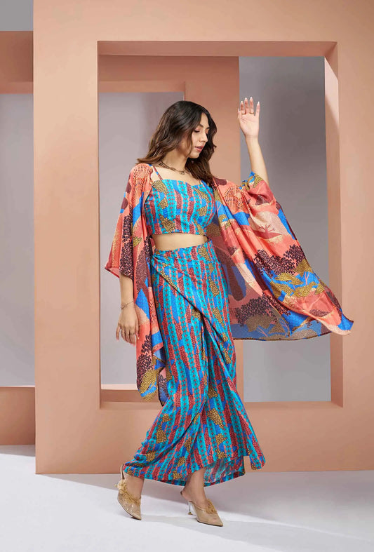 Aqua Blue Pure Muslin Silk Printed Stylish Co-ord Set