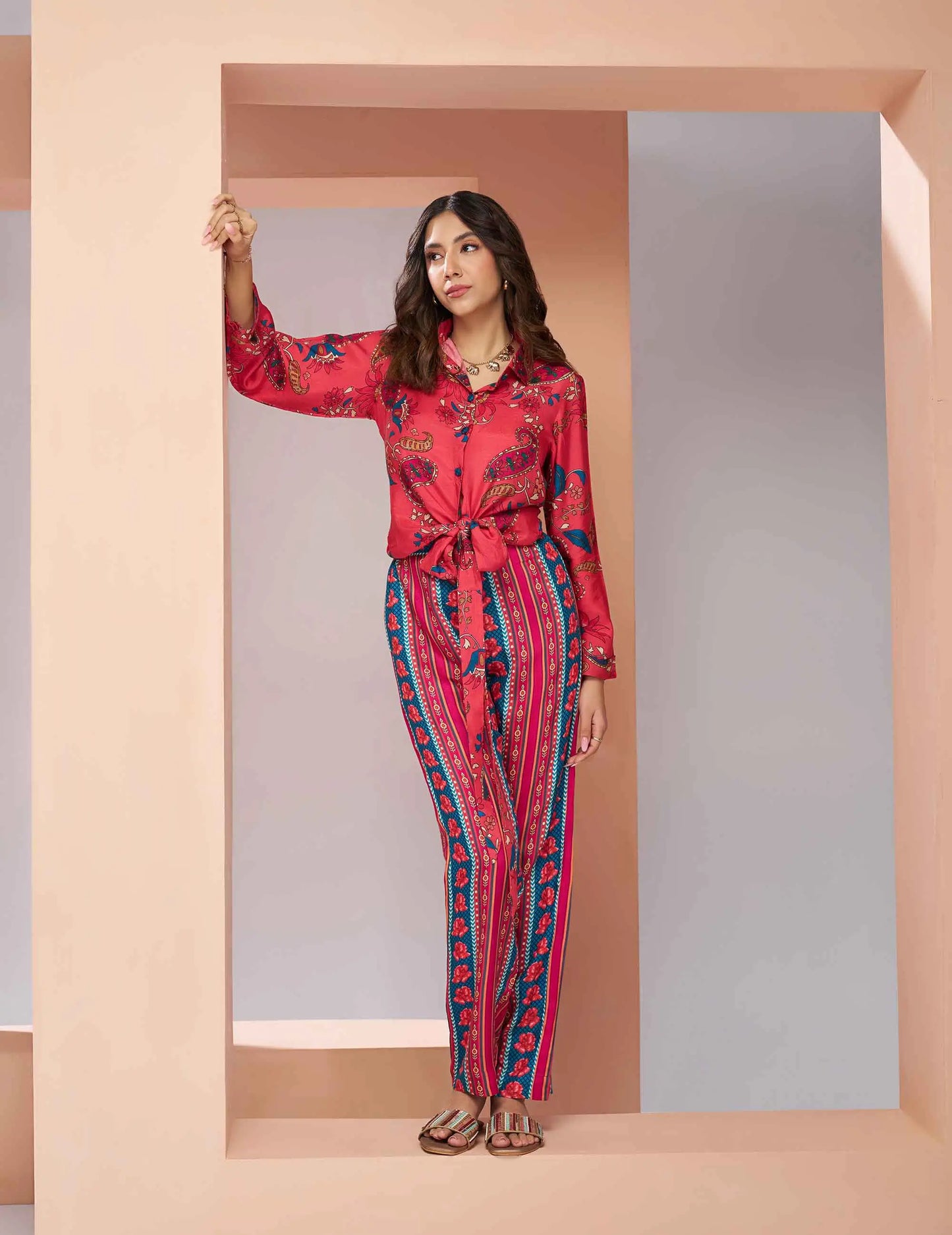 Coral Pink Pure Muslin Silk Printed Co-ord Set