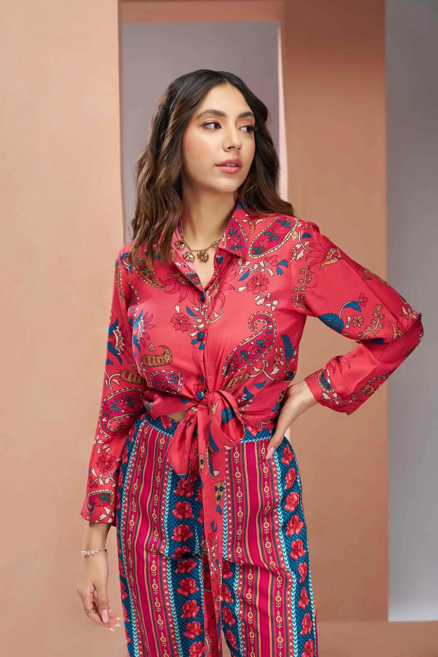 Coral Pink Pure Muslin Silk Printed Co-ord Set