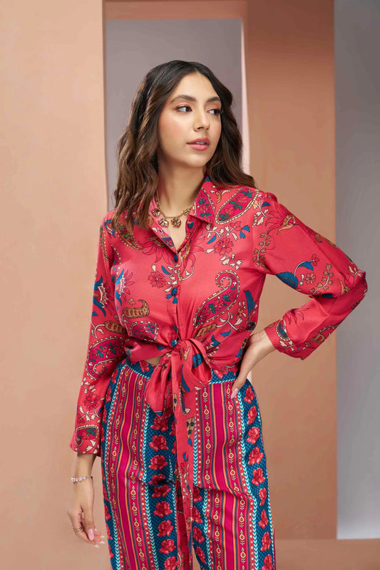 Coral Pink Pure Muslin Silk Printed Co-ord Set