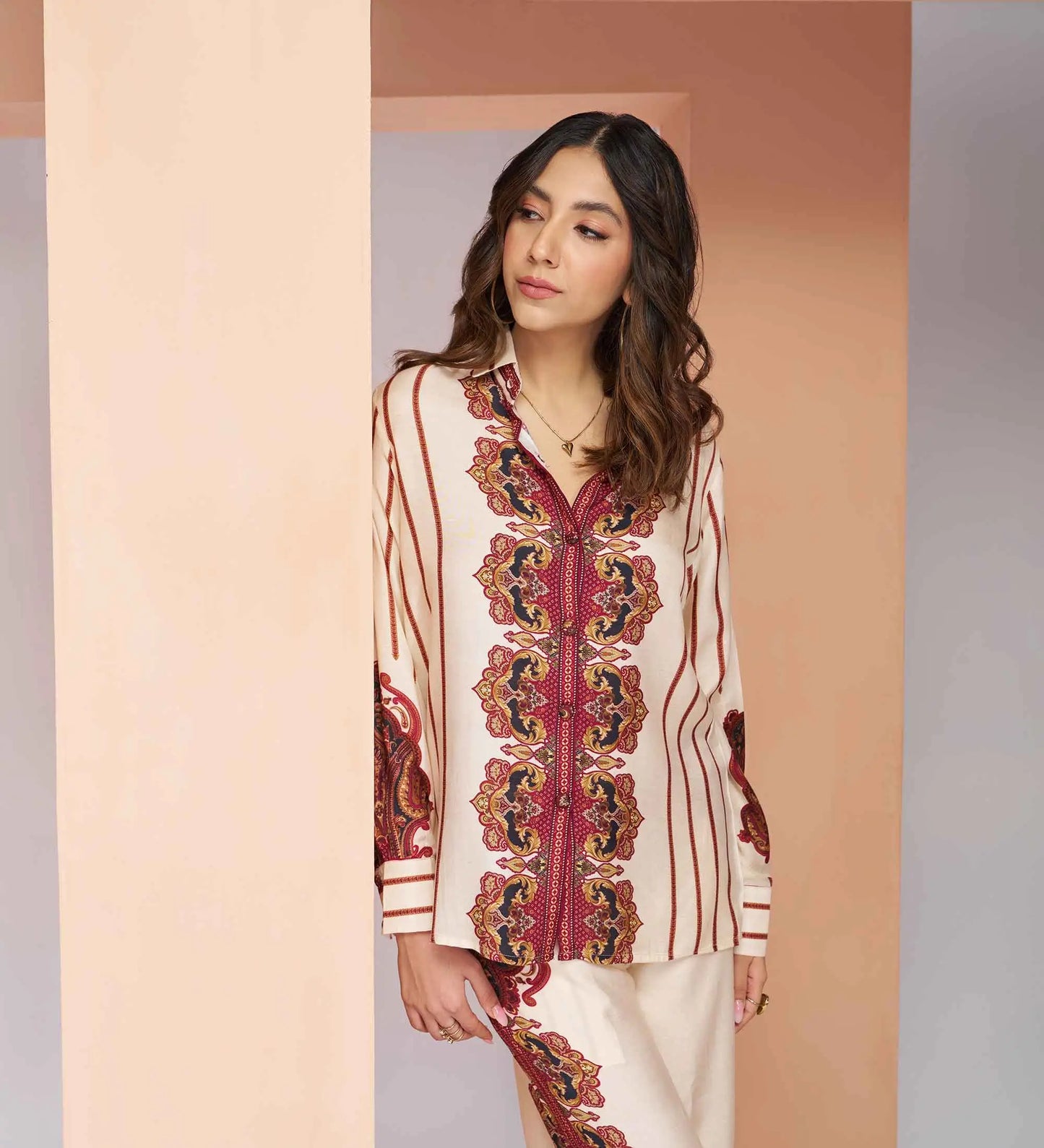 Cream Pure Muslin Silk Printed Co-ord Set