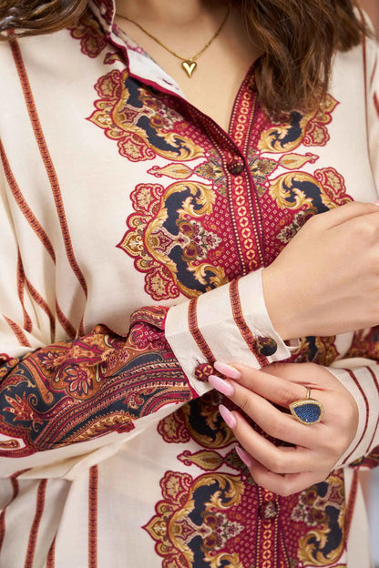 Cream Pure Muslin Silk Printed Co-ord Set