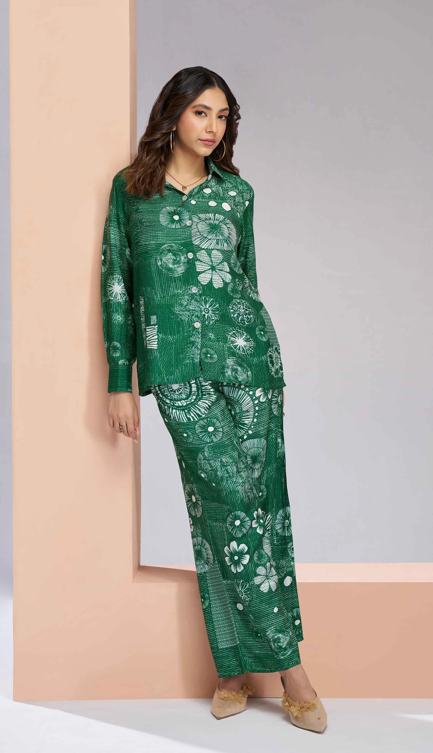 Dark Green Pure Muslin Silk Printed Co-ord Set