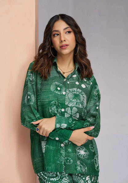 Dark Green Pure Muslin Silk Printed Co-ord Set