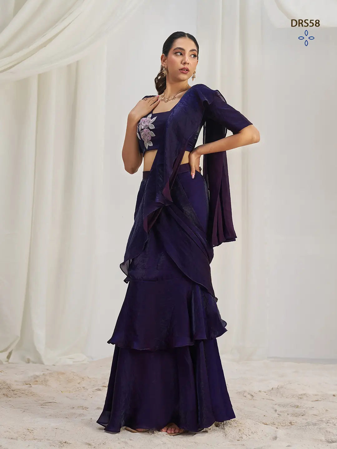 Wine Organza Party Wear Saree With Handwork