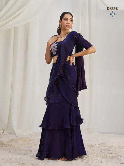 Wine Organza Party Wear Saree With Handwork