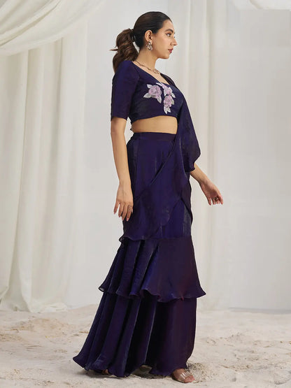 Wine Organza Party Wear Saree With Handwork