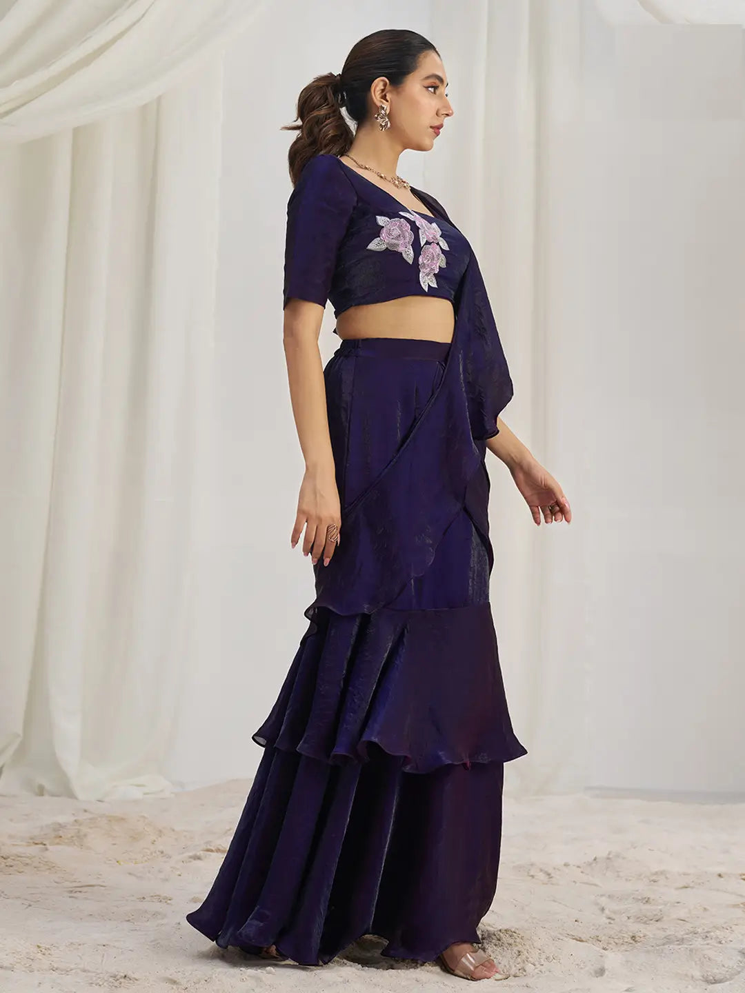 Wine Organza Party Wear Saree With Handwork