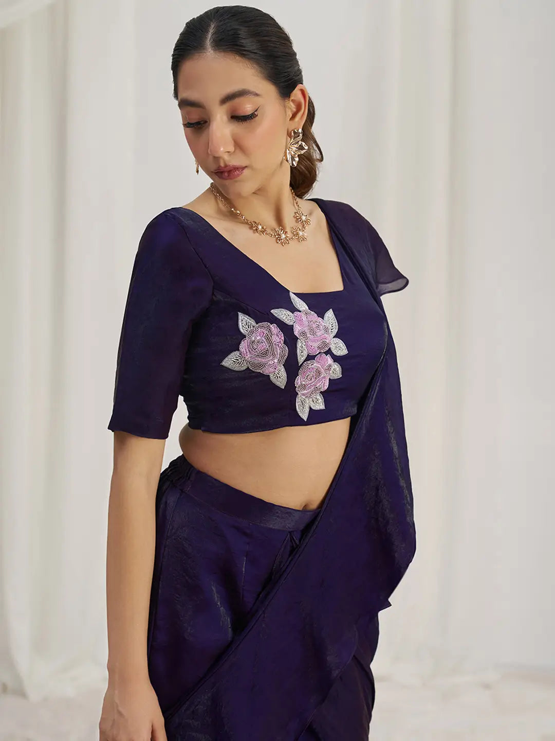 Wine Organza Party Wear Saree With Handwork