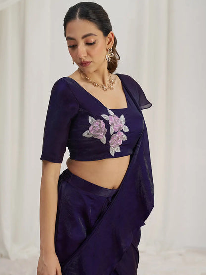 Wine Organza Party Wear Saree With Handwork