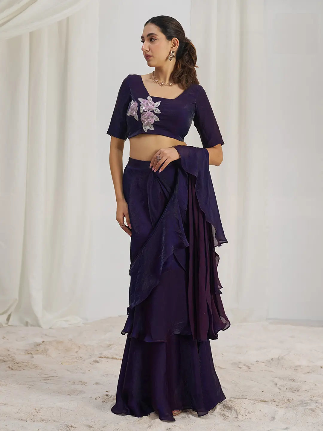 Wine Organza Party Wear Saree With Handwork