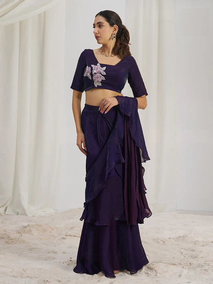 Wine Organza Party Wear Saree With Handwork
