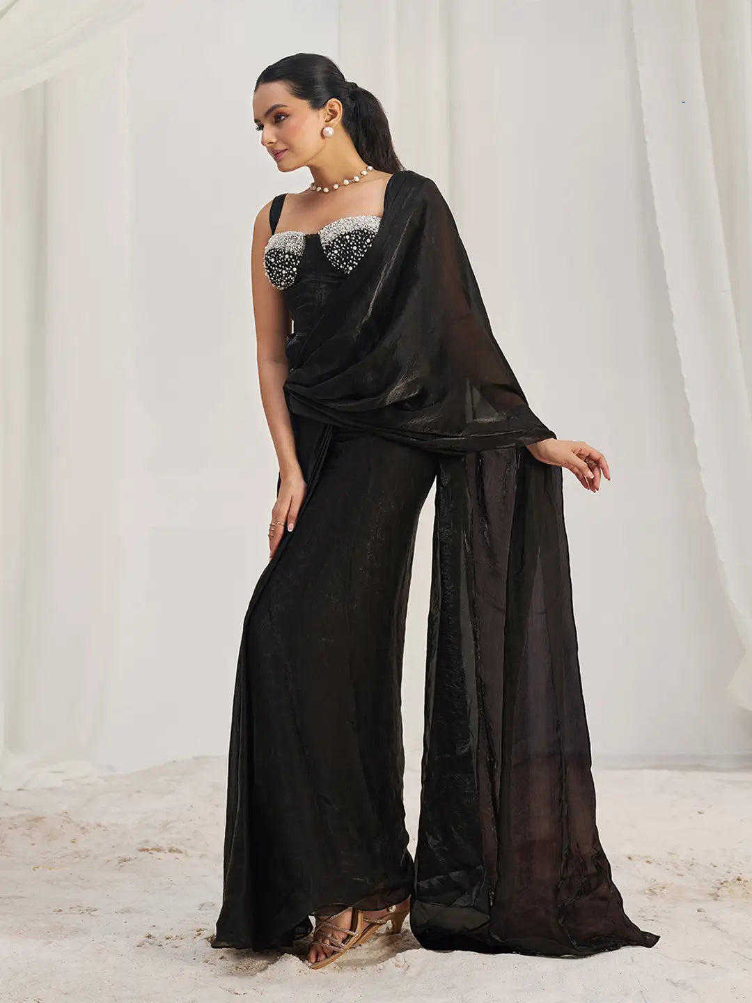 Black Organza Party Wear Saree With Handwork