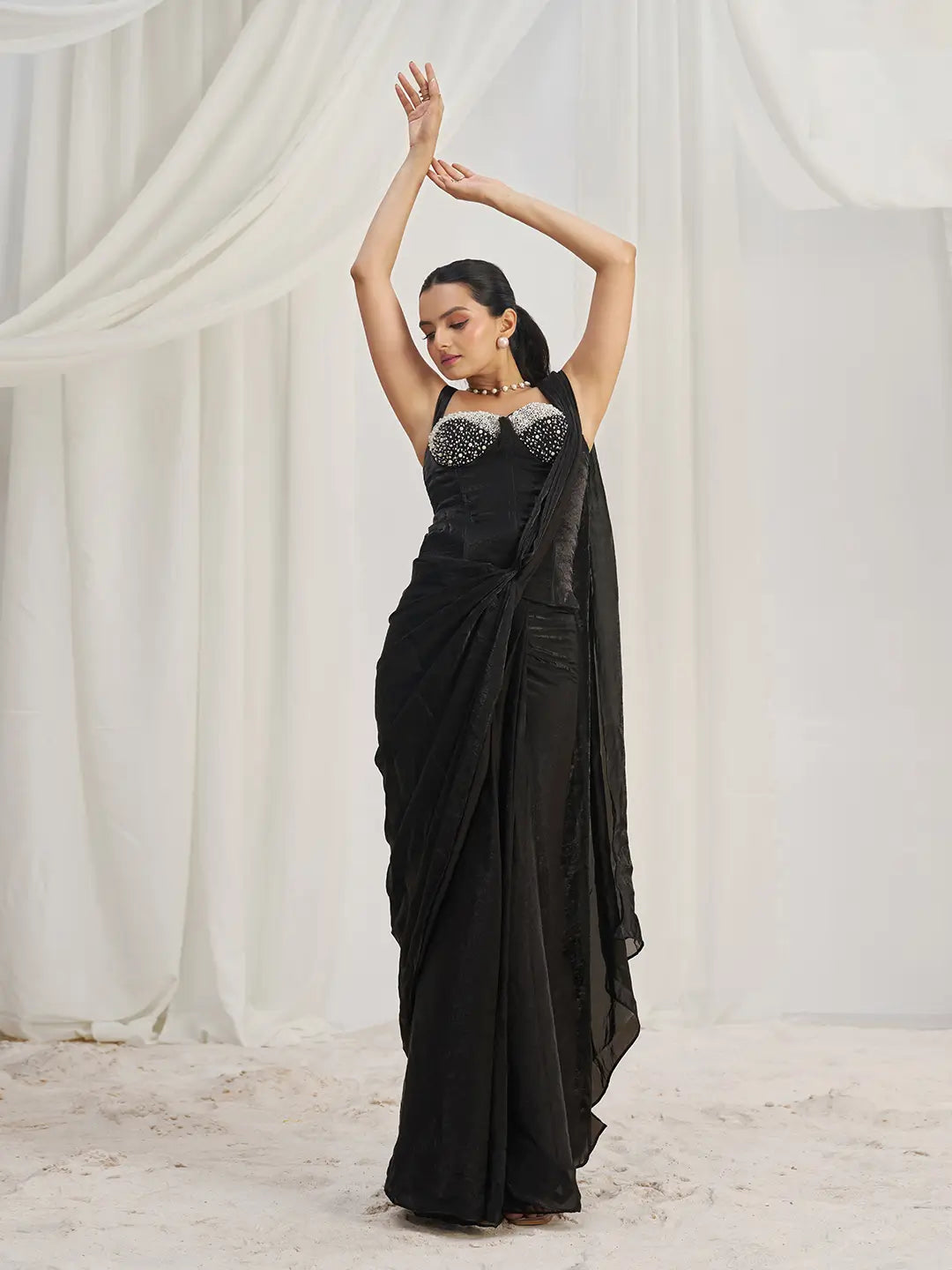 Black Organza Party Wear Saree With Handwork