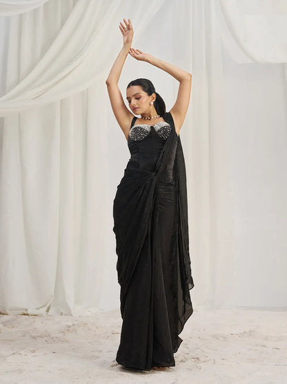 Black Organza Party Wear Saree With Handwork