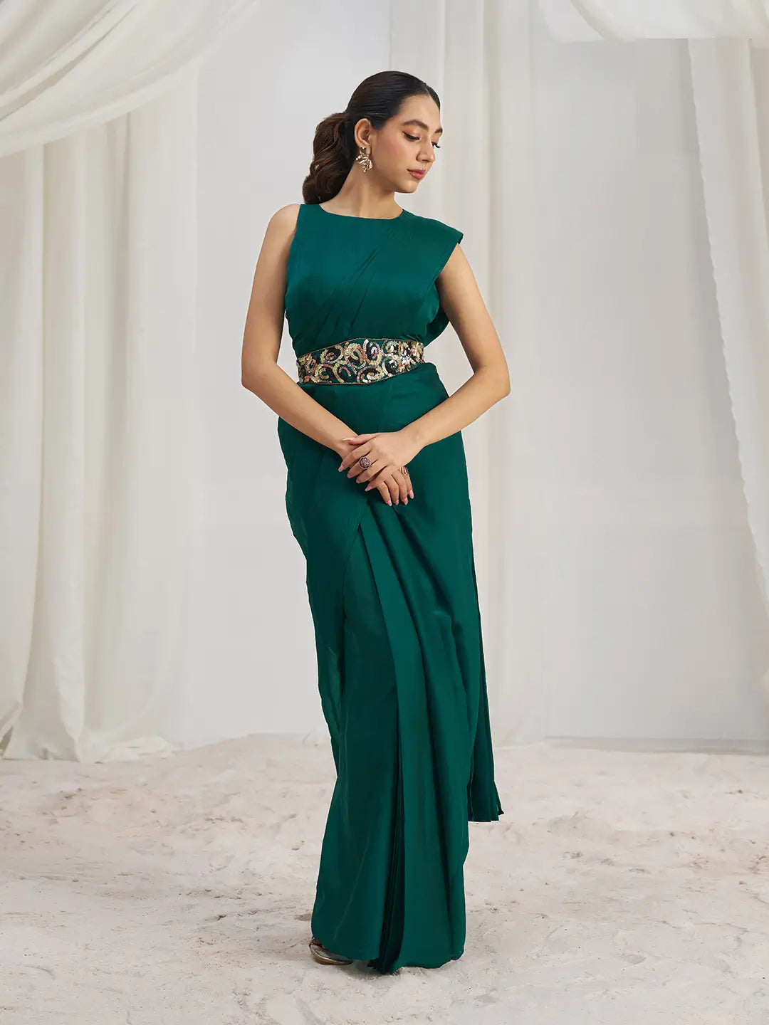 Teal Green Organza Party Wear Saree With Handwork