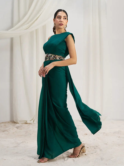Teal Green Organza Party Wear Saree With Handwork