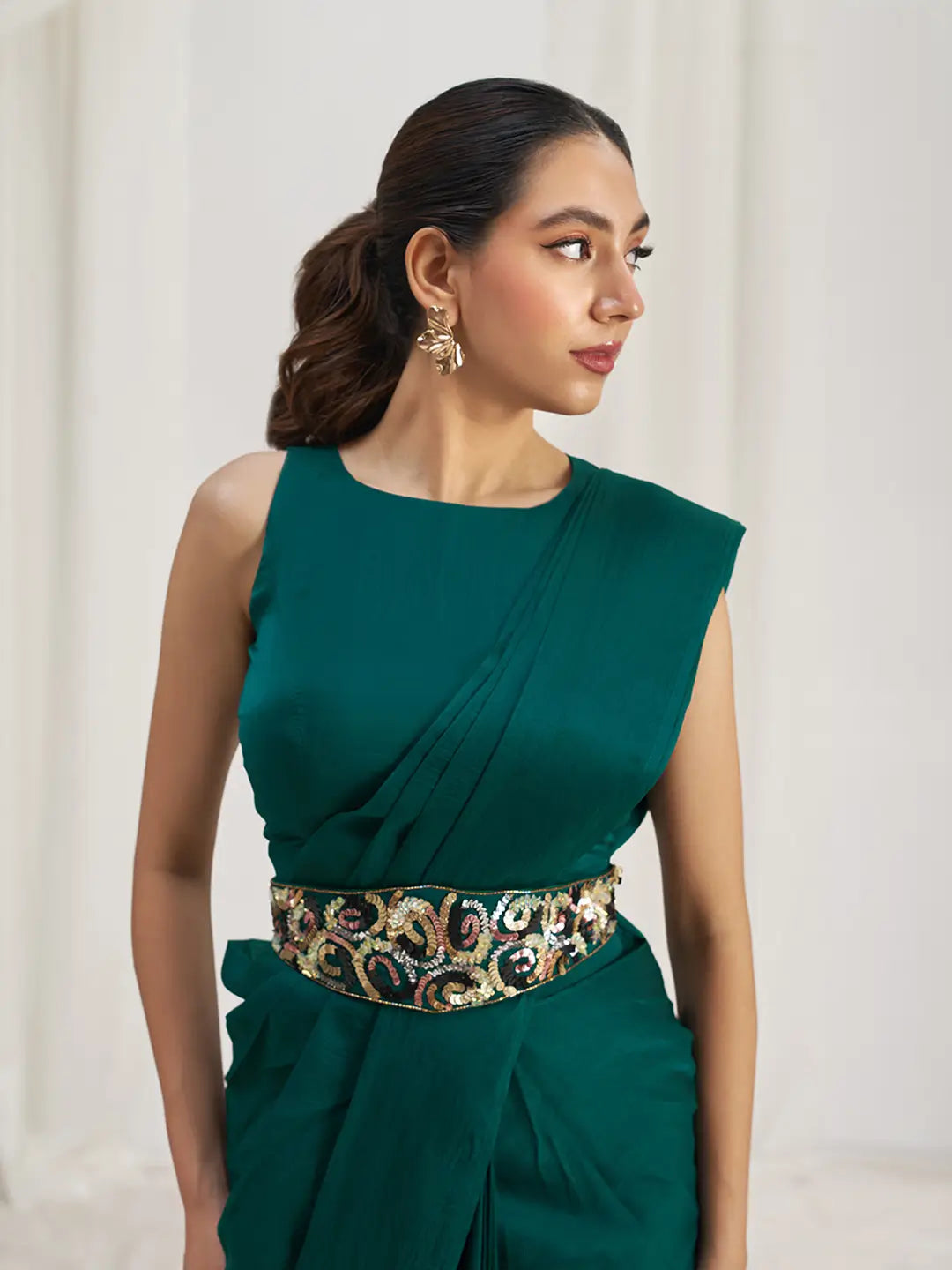 Teal Green Organza Party Wear Saree With Handwork