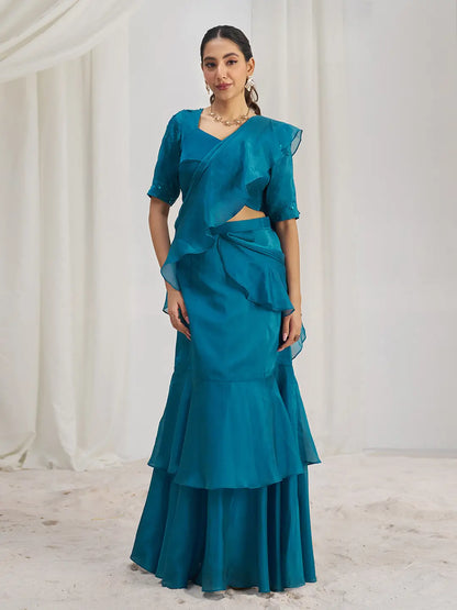 Teal Blue Organza Party Wear Saree With Handwork