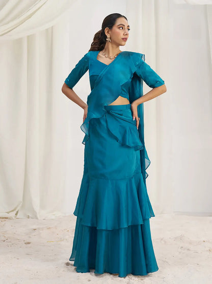 Teal Blue Organza Party Wear Saree With Handwork