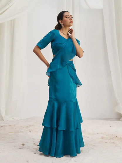 Teal Blue Organza Party Wear Saree With Handwork
