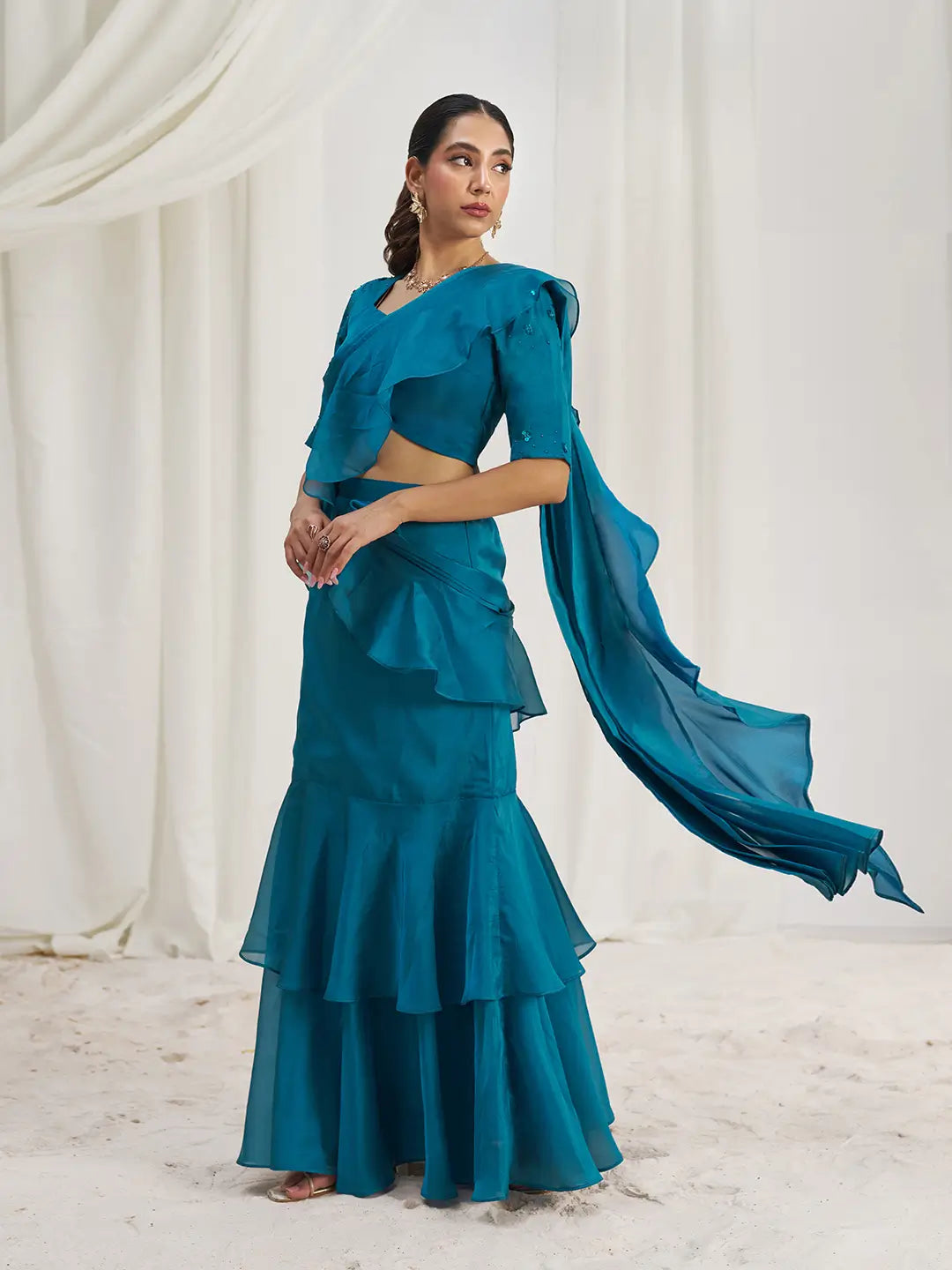 Teal Blue Organza Party Wear Saree With Handwork