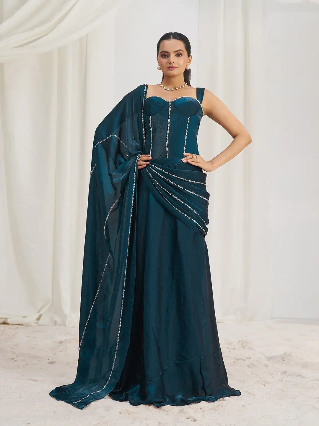 Navy Blue Organza Party Wear Saree With Handwork