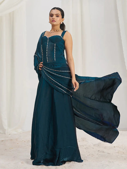 Navy Blue Organza Party Wear Saree With Handwork