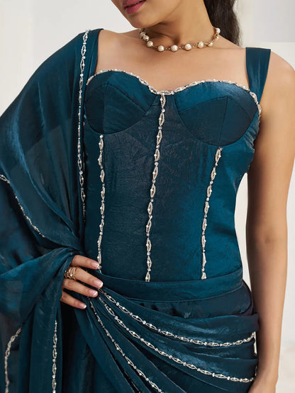 Navy Blue Organza Party Wear Saree With Handwork