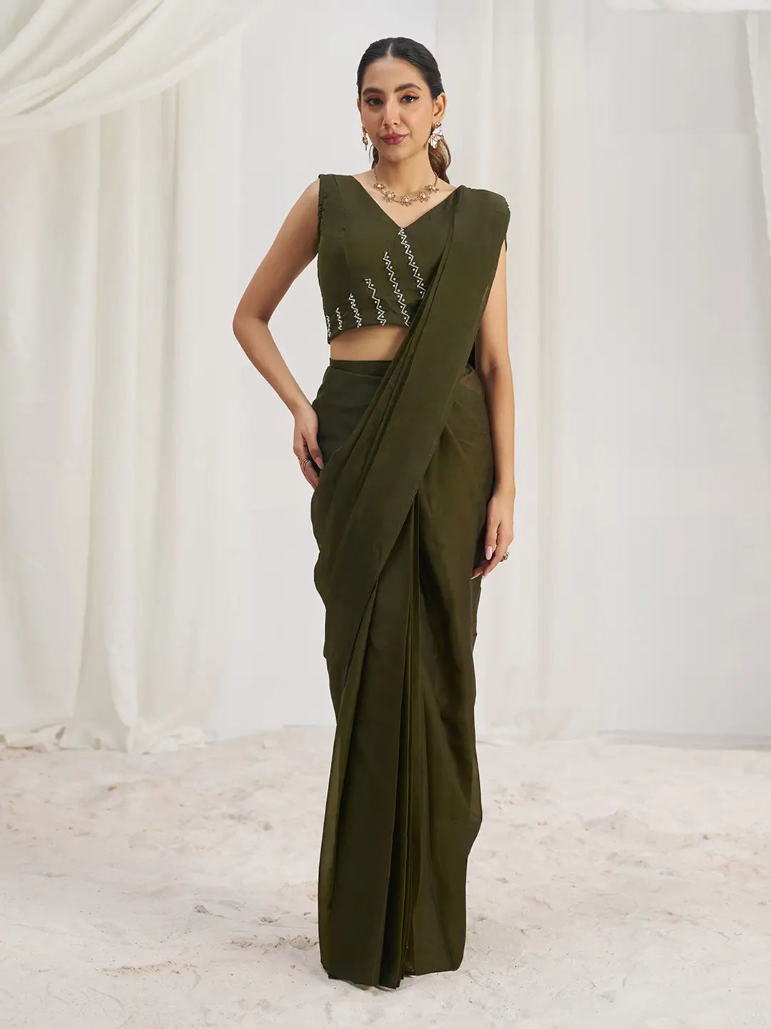 Olive Green Organza Party Wear Saree With Handwork